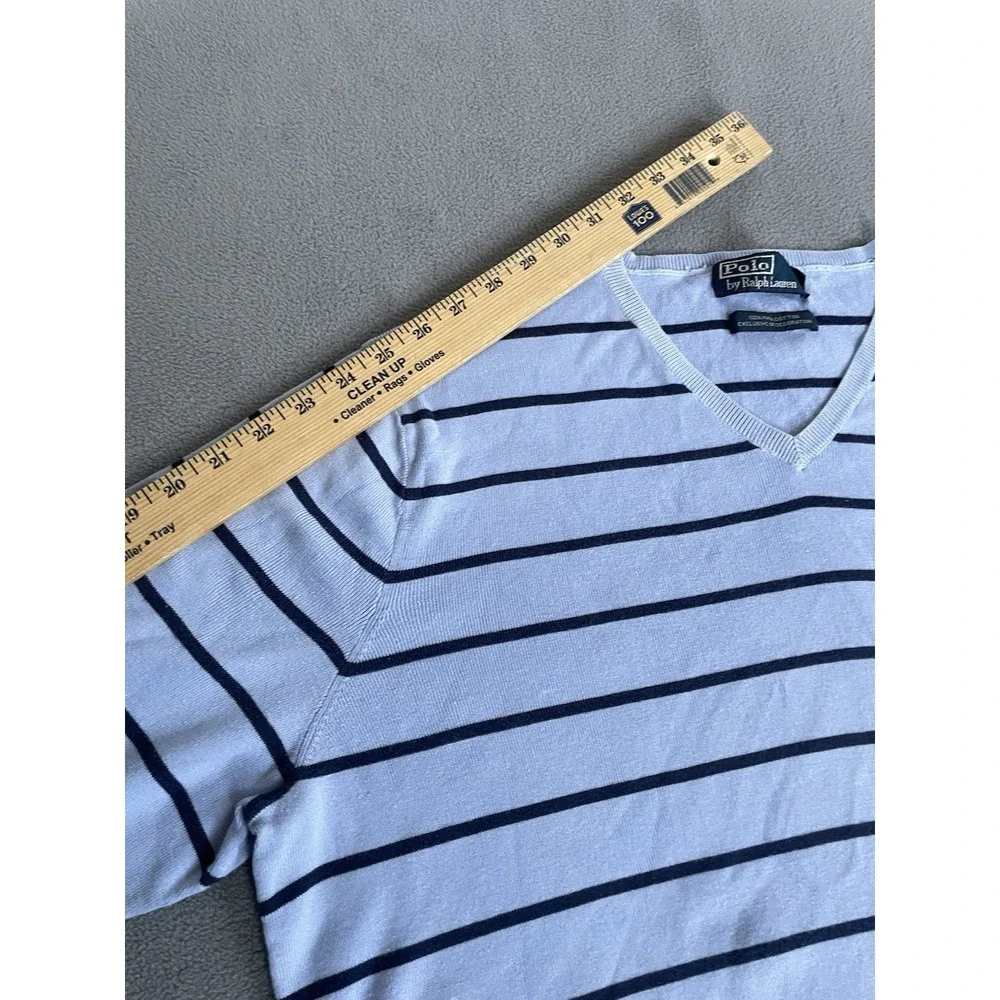 Polo Ralph Lauren Sweater Mens Medium Blue Striped Pima Cotton V Neck Logo Pony